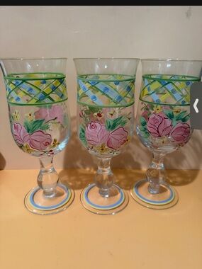 Waverly Hand-Painted Floral Goblets in Pink, Green & Blue - Set of 3